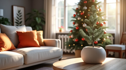 small potted evergreen plant on coffee table in sunlit living room with decorated christmas tree