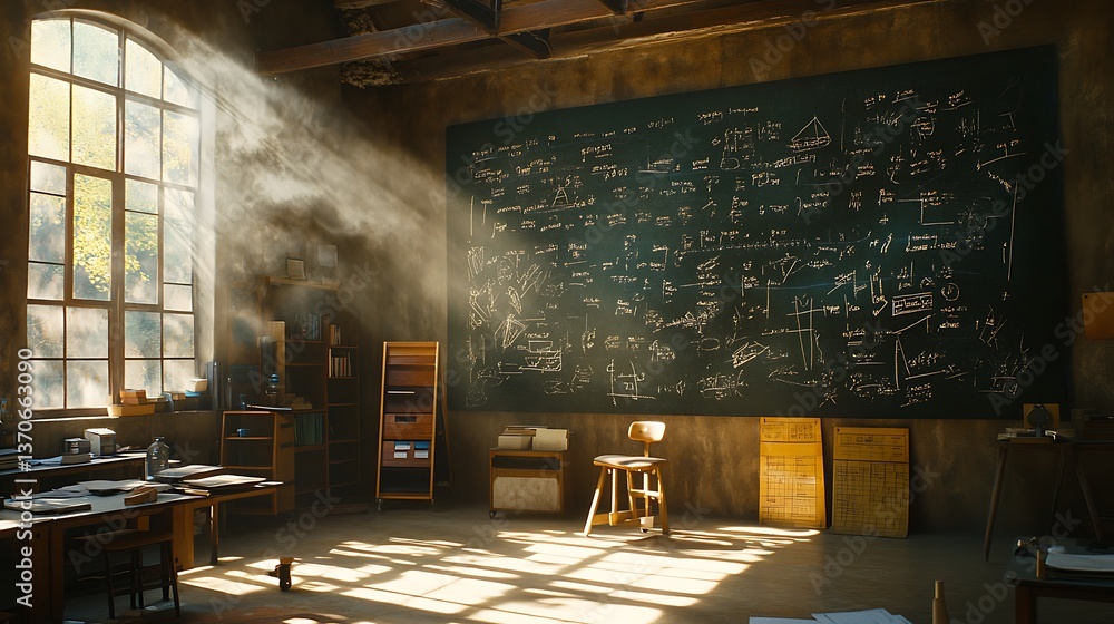 Poster a dynamic physics classroom with a chalkboard covered in equations and diagrams, illuminated by brig