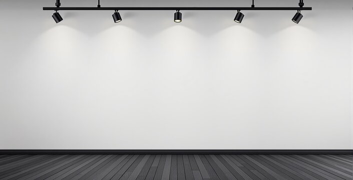 Minimalist gallery interior with spotlight track lighting on white wall and dark wood floor, ideal background for creative design presentation. Ai generative