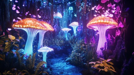 Beautiful glowing fantasy mushrooms create a magical forest pathway scene