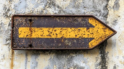 Rusty arrow sign on weathered wall