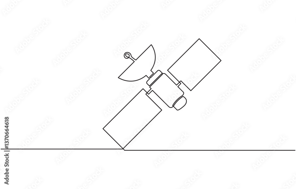 Poster continuous one line drawing of satellite in the outer space, continuous single line drawing of space
