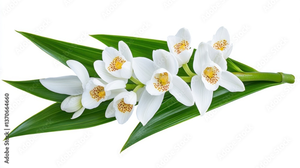 Poster close up view of a cluster of pristine white orchids with yellow centers, adorned with subtle reddis