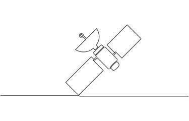 Continuous one line drawing of Satellite in the outer space, Continuous single line drawing of space satellite. satellite communication from near-earth orbit.