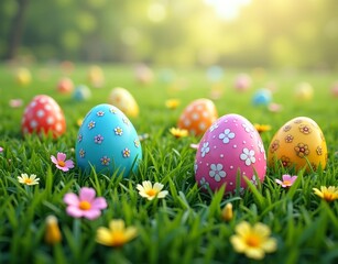 Colorful Easter eggs scattered in lush green grass with tiny flowers. Generative AI