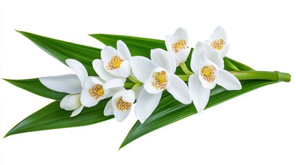 Fototapeta premium Close up view of a cluster of pristine white orchids with yellow centers, adorned with subtle reddish brown speckles, elegantly arranged with vibrant green leaves against a stark white background.