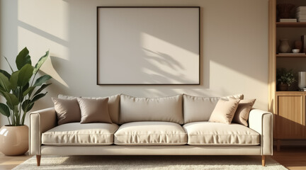 beige sofa with neutral cushions in a sunlit minimalist living room