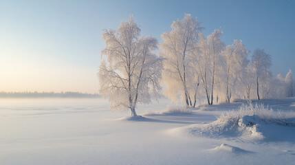 Obraz premium A serene winter landscape with snow-covered trees and a frozen field
