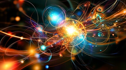 A dynamic representation of quantum entanglement with colorful, interconnected particles.