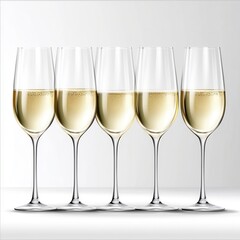 Five champagne flutes filled with sparkling wine, arranged in a row against a bright white background. The image is clean and minimalist.