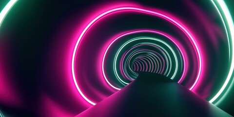 Curved light tunnel in vibrant pink and green tones creating a smooth 3D corridor effect