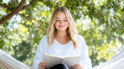 Fototapeta premium Relaxed woman reading a book in a hammock under a tree. A young woman with light blonde hair, wearing a light-colored top, sits comfortably in a hammock. She's engrossed in a book,