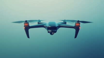 Naklejka premium A sleek drone hovers against a muted blue background in this image.