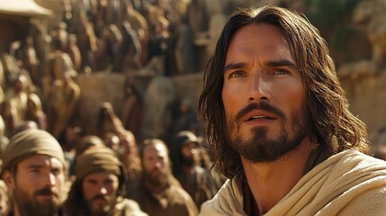 Jesus Christ at ancient Israel town street with people follow him