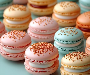 Fototapeta premium Sweet Symphony: A close-up captures a delightful array of colorful macarons, meticulously arranged, each adorned with delicate textures and a vibrant, inviting aesthetic.