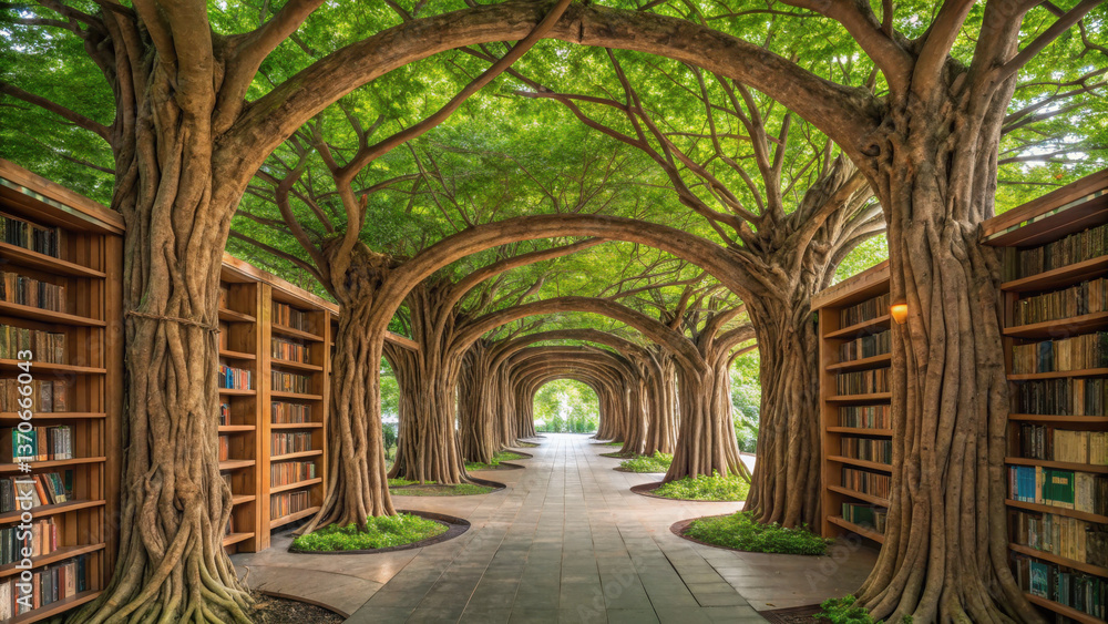Poster serene environment featuring beautiful pathway lined with majestic trees and bookshelves, inviting e