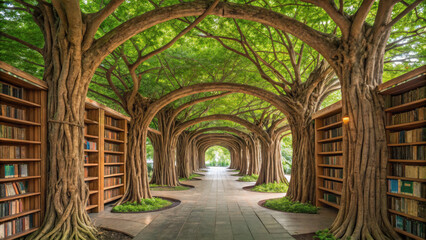 Fototapeta premium serene environment featuring beautiful pathway lined with majestic trees and bookshelves, inviting exploration and reflection