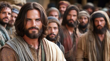 Obraz premium Jesus Christ at ancient Israel town street with people follow him