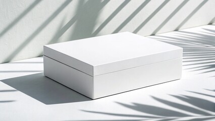 Minimalist white box with soft shadows mockup, white background