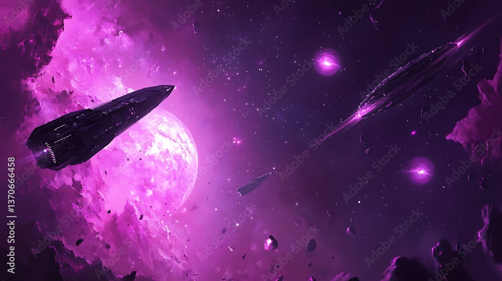 Poster a dynamic space scene with a futuristic spacecraft exploring a vibrant, unknown star system.
