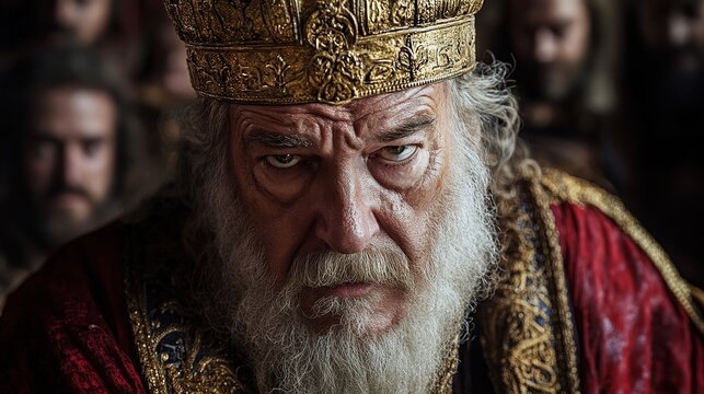 King Saul wearing gold crown serious looking at camera 