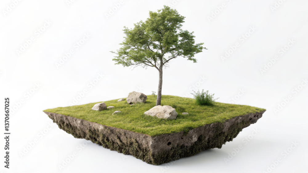 Poster serene environment featuring lush green tree on floating patch of grass with rocks and small plants,