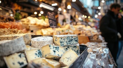  Blue Cheese at market, selling blue cheese at local market bustling shopping street