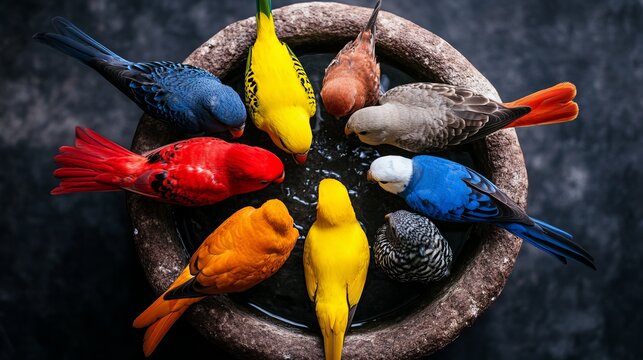 Colorful parakeets are drinking water from a stone birdbath with their vibrant plumage displayed clearly.