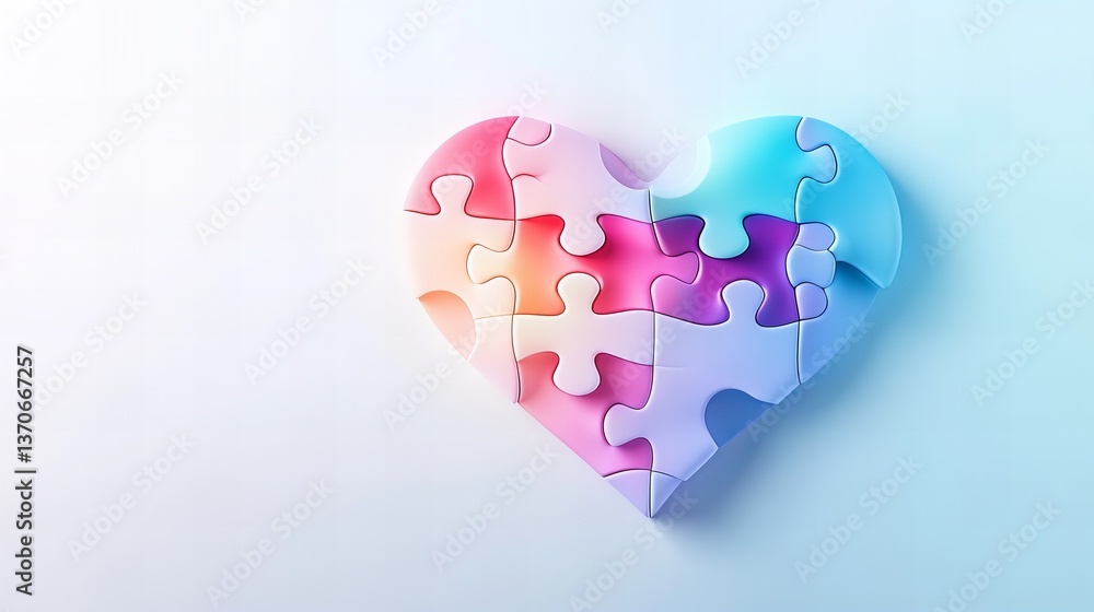 Poster colorful puzzle heart shape sits on a white surface with bright diffused lighting, creating soft sha