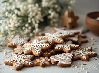 assortment of snowflake and tree-shaped gingerbread cookies decorated with white icing