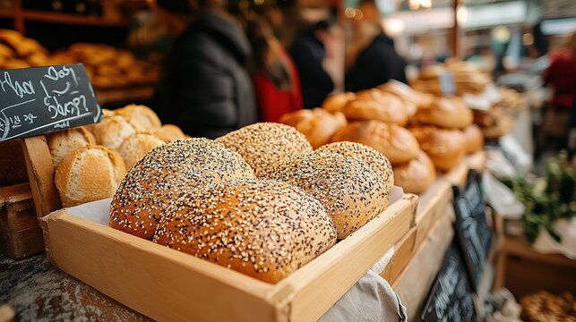 bakery shop selling various type of bread at local market street stall with bustling people shopping 