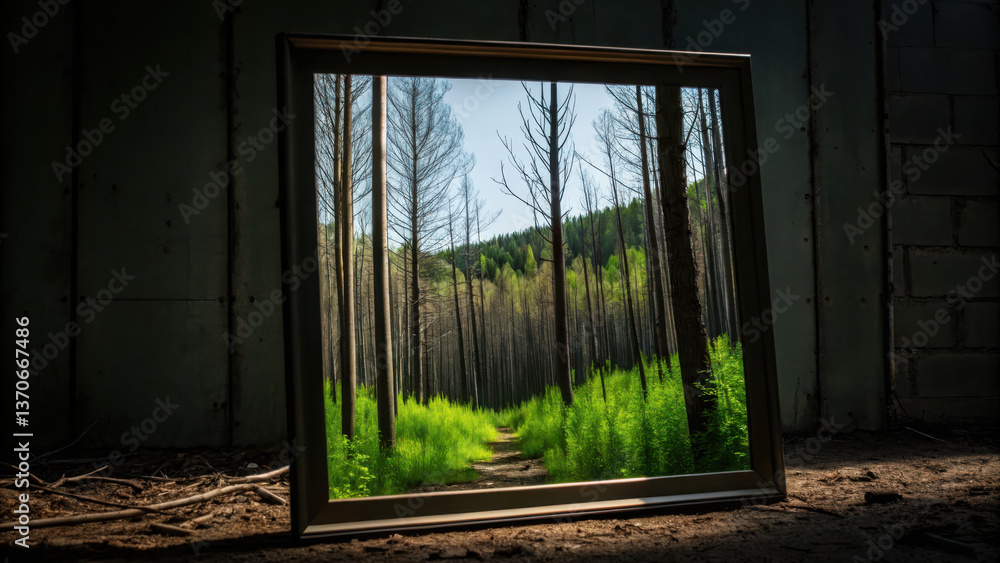 Poster beautiful forest environment is captured in frame showcasing vibrant greenery and tall trees creatin