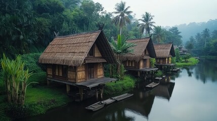 Fototapeta premium Tranquil huts nestled on a serene lake in a lush jungle. Wooden structures with thatched roofs, reflecting in the calm water, nestled amongst lush greenery