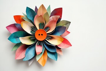 Fototapeta premium Decorative Paper Flower with Button Center, Colorful Leaves, Minimalist Style, Isolated