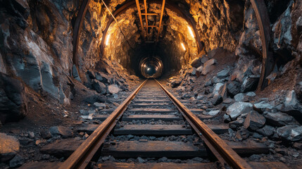 Naklejka premium Long Dark Tunnel in a Coal Mine with Railroad Tracks and Dim Lights Leading into Distance