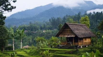 Wooden hut nestled in lush valley, misty mountains