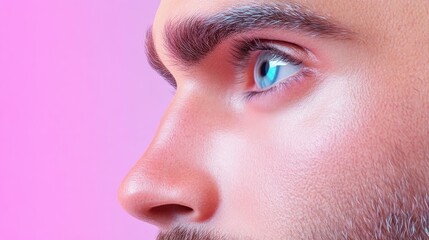 Obraz premium Close-up profile view of a man's face, featuring bright blue eyes and a subtly defined beard. Soft, glowing skin tone
