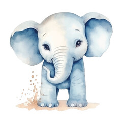 elephant with water splash cute watercolors illustration on white background