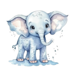 elephant with water splash cute watercolors illustration on white background