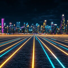 Fototapeta premium Night cityscape with glowing lines converging towards the viewer, creating a futuristic, technological atmosphere. Vibrant blues and oranges dominate the color palette.