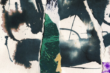 Abstract mixed media collage featuring torn paper elements, ink splashes, and emerald green textures. Contemporary composition combines graphic marks, painted surfaces, and raw edges 
