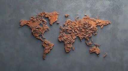 World Map in Relief: A meticulously crafted relief map of the world showcases intricate details, with continents rendered in a textured, earth-toned finish against a neutral backdrop.