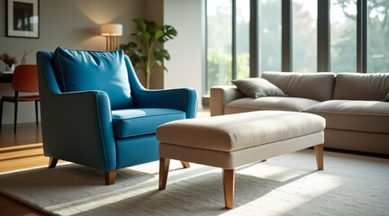 Fototapeta premium vibrant blue armchair with a beige ottoman in a sunlit living room