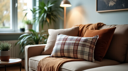 beige sofa with plaid and velvet cushions in a cozy living room setting