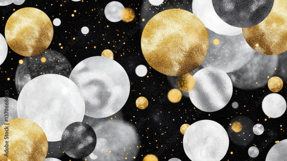 Aufkleber abstract background with glittering gold, silver, and white circles on a black backdrop. soft bokeh 
