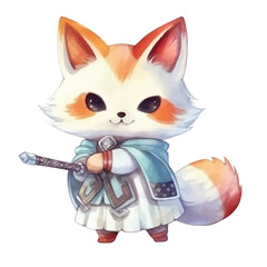 fox kitsune warrior holding katana swoord cute watercolors illustration on white background