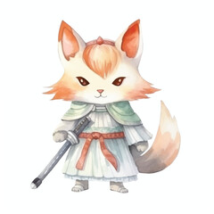 fox kitsune warrior holding katana swoord cute watercolors illustration on white background