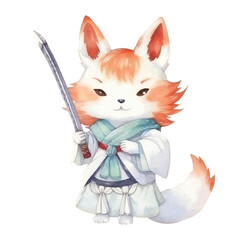fox kitsune warrior holding katana swoord cute watercolors illustration on white background