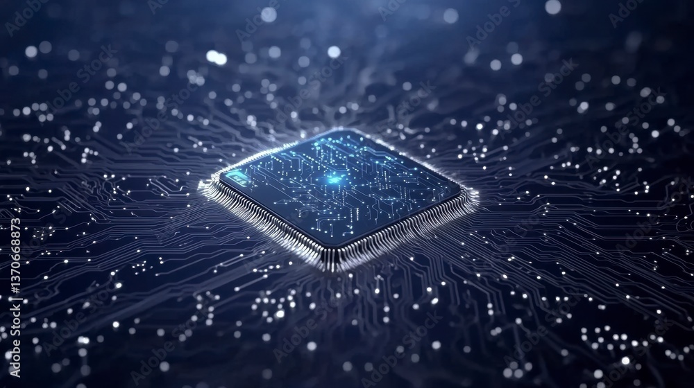 Poster close up view of a computer processor chip on a circuit board, glowing with blue light. dark backgro