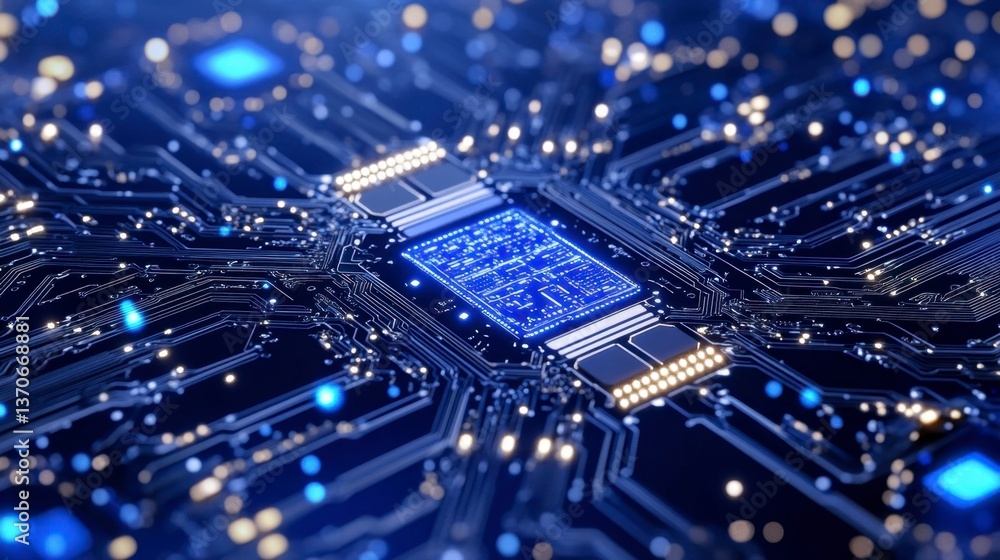 Poster close up view of a central processing unit (cpu) on a circuit board, glowing blue and surrounded by 